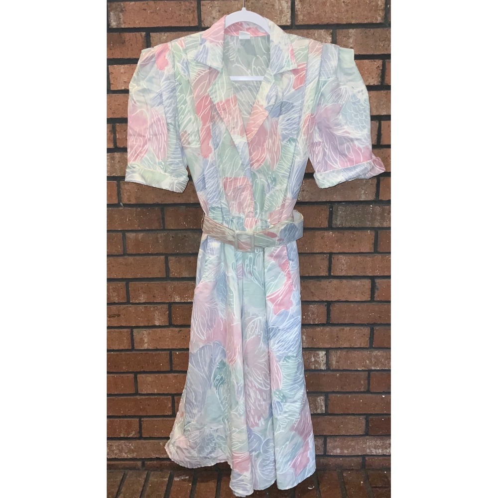Vintage 80s Pastel Abstract Floral Midi Dress Belted Puff Sleeve Pockets USA